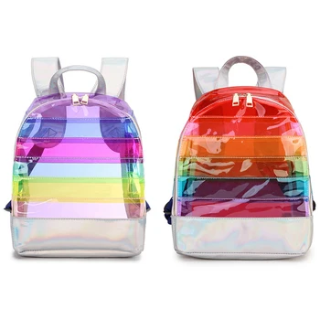 Кавайный PVC прозрачен контрастен цвят, всекидневни голям просторен детска раница в разноцветную ивица, дамска чанта, дамски чанти